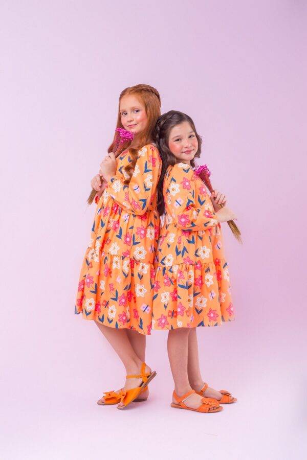 Vestido Infantil Manga Longa Flores Laranja - Imagem 3