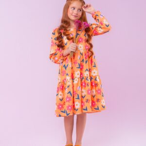 Vestido Infantil Manga Longa Flores Laranja