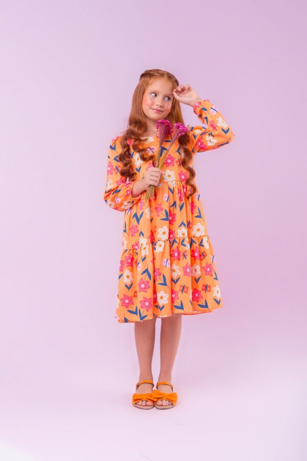 Vestido Infantil Manga Longa Flores Laranja