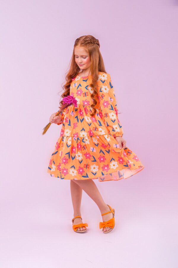 Vestido Infantil Manga Longa Flores Laranja - Imagem 2