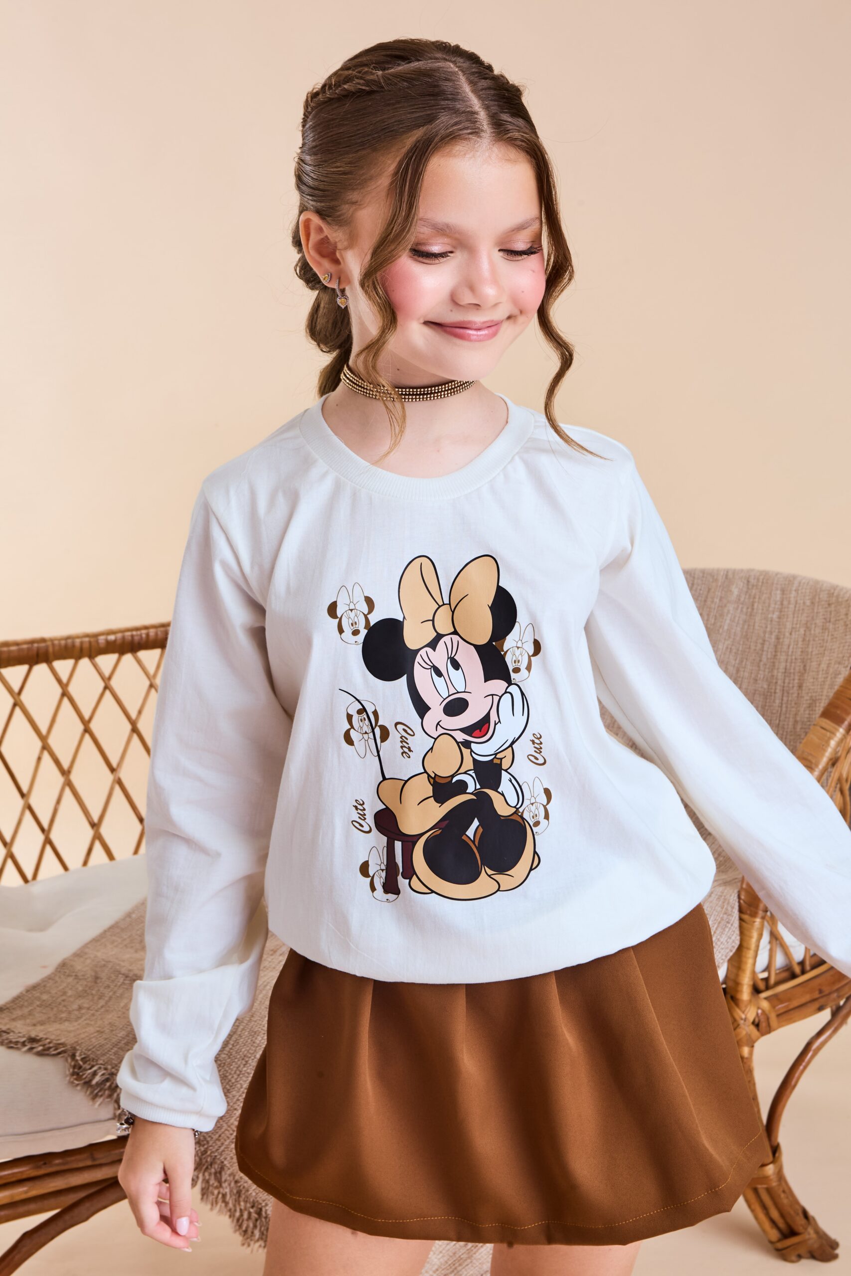Conjunto Infantil Minnie Manga Longa Marrom